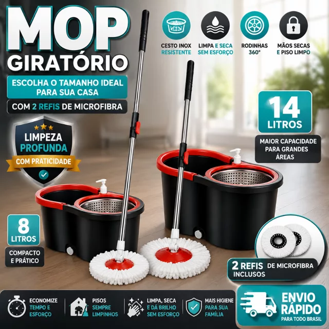 Mop com Cabo 140 cm, Balde Centrífuga e 2 Refis