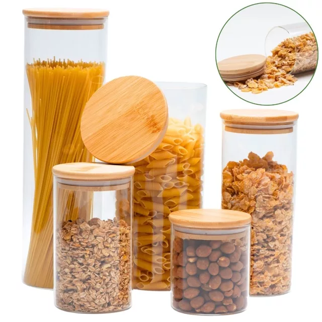 Kit 5 Potes de Vidro com Tampa de Bambu