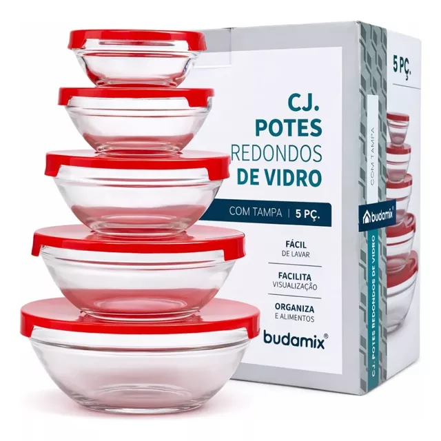 Kit 5 Potes de Vidro Redondos