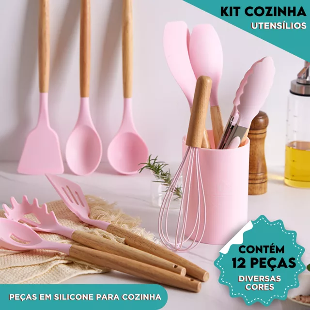 Kit de Utensílios de Silicone com Cabo de Madeira