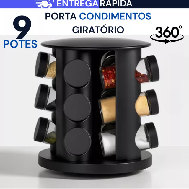 Porta Temperos Giratório com 9 Potes de Vidro