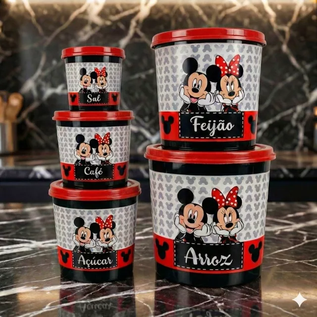 Kit 5 Potes de Mantimentos Mickey e Minnie